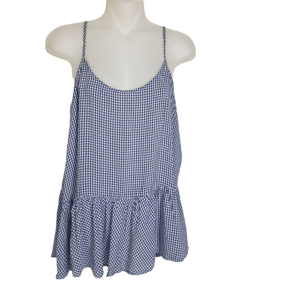 Old Navy Womens Tank Top Size Medium Blue Gingham Peplum Sleeveless Blouse Rayon